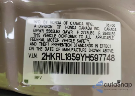 2000 Honda Odyssey Lx z USA, uszkodzony, nr VIN 2HKRL1859YH597748
